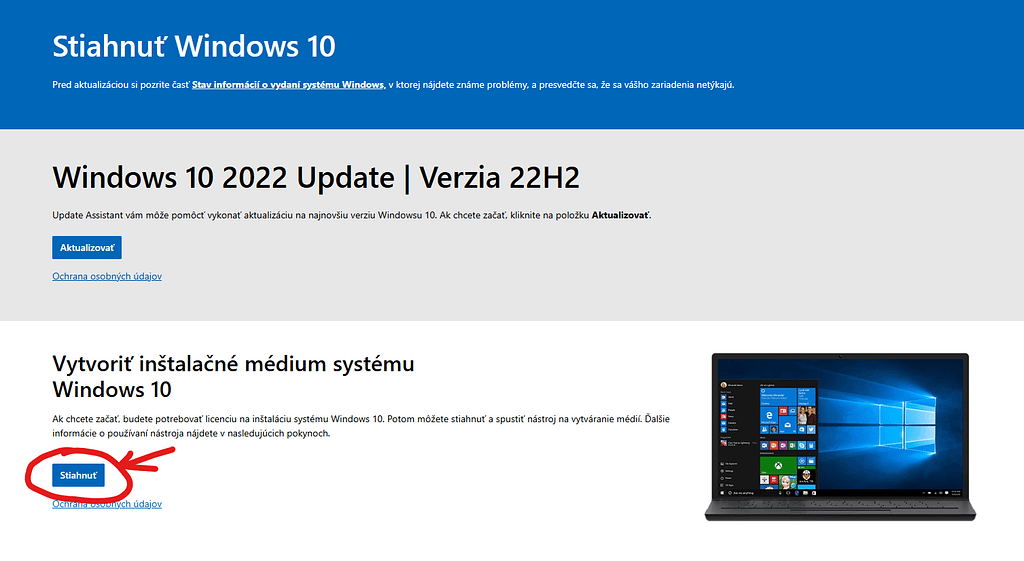 Slovenská verzia Microsoft stánky kde sa nachádza nástroj MediaCreationTool na stiahnutie