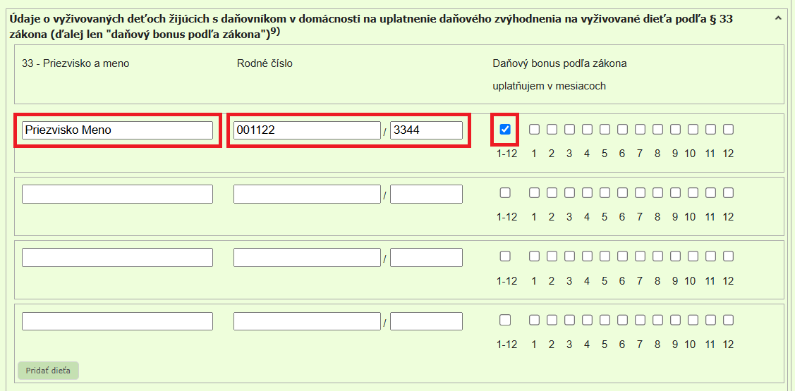 Daňový bonus za vyživované dieťa/deti