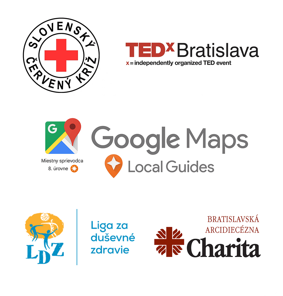 Obrázok zobrazujúci logá neziskových organizácií, nadácií a spoločnosti, ktoré podporujem. Zobrazuje: Slovenský červený kríž, TEDxBratislava, Google Maps Local Guides, Ligu za duševné zdravie a Bratislavskú arcidiecéznu charitu.